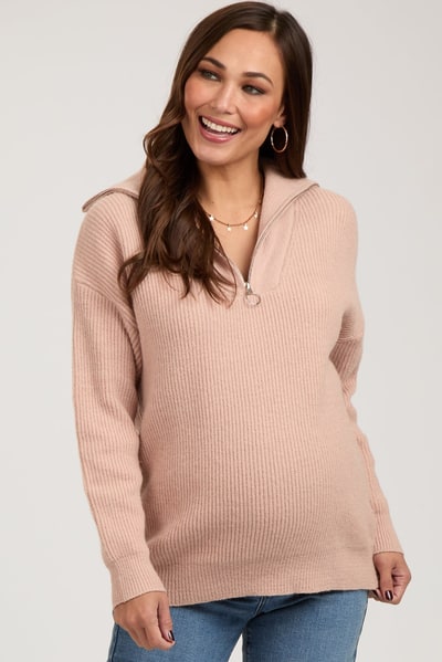 PinkBlush Taupe Half Zip Maternity Sweater