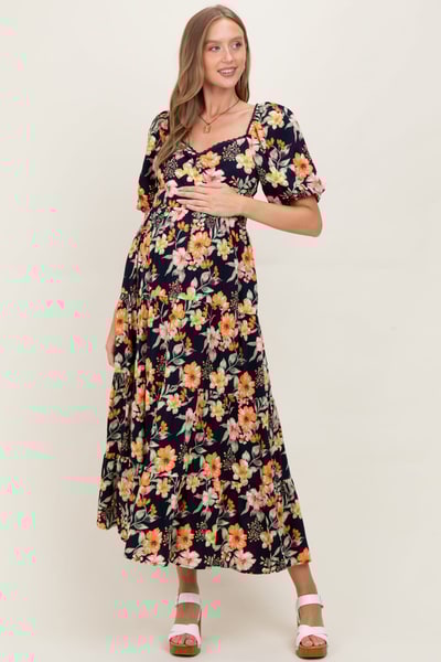 PinkBlush Navy Floral Tiered Puff Sleeve Maternity Maxi Dress