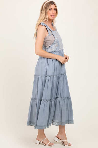 PinkBlush Blue Embroidered Ruffle Tiered Apron Maternity Dress