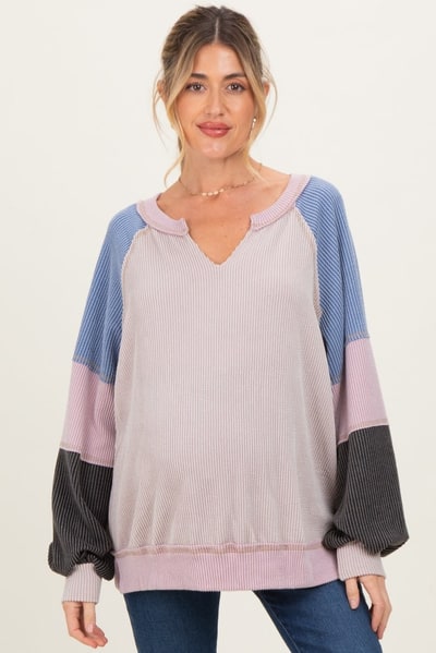 PinkBlush Mauve Color Block Long Sleeve V-Neck Maternity Top