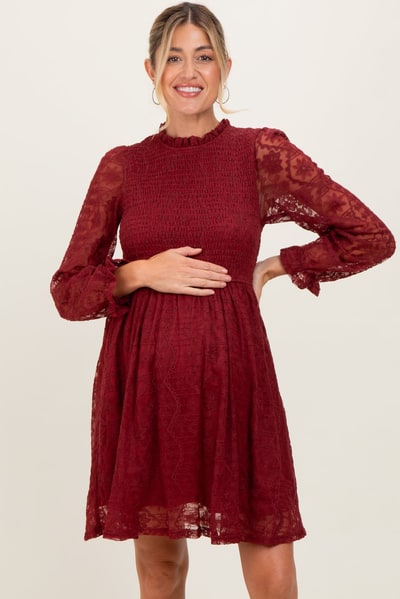 PinkBlush Red Lace Smocked Long Sleeve Maternity Dress