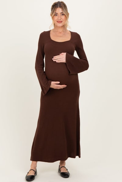 PinkBlush Brown Solid Ribbed Long Sleeve Square Neck Maternity Maxi Dress