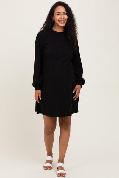 PinkBlush Black Ribbed Mock Neck Bubble Sleeve Maternity Dress