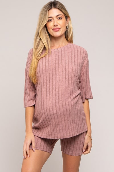 PinkBlush Mauve Ribbed Soft Short Sleeve Maternity Shorts Set