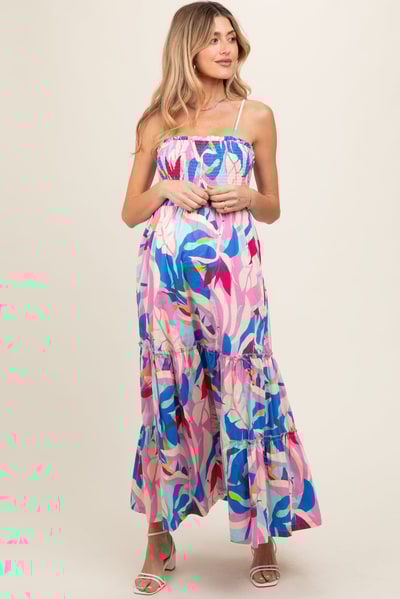 PinkBlush Pink Printed Smocked Bodice Tiered Maternity Maxi Dress