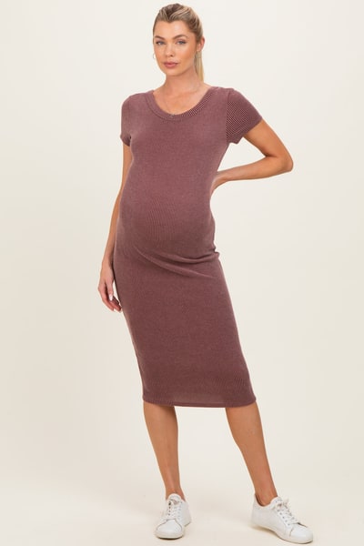 PinkBlush Red Brown Ribbed Short Sleeve Maternity Midi Dress