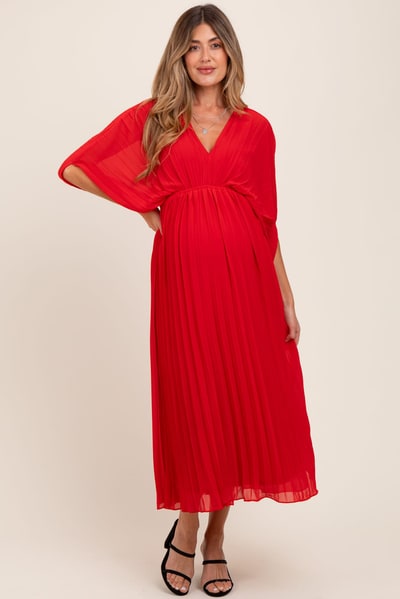 PinkBlush Red Pleated V Neck Maternity Maxi Dress