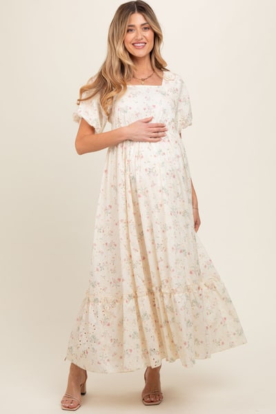 PinkBlush Ivory Floral Eyelet Puff Sleeve Maternity Maxi Dress