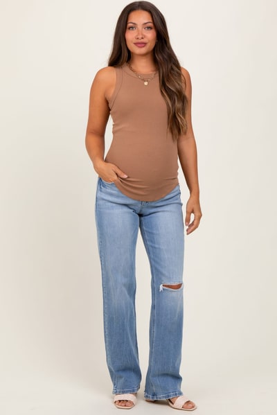 PinkBlush Light Blue Distressed Knee Slim Fit Wide Leg Maternity Jeans