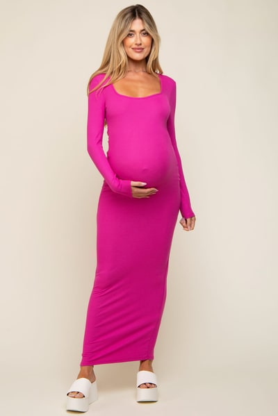 PinkBlush Fuchsia Ribbed Long Sleeve Square Neck Maternity Maxi Dress