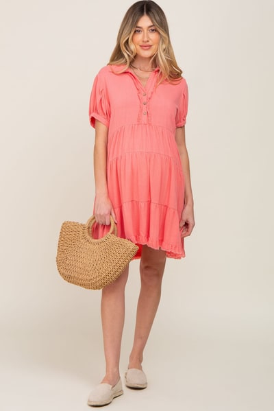 PinkBlush Coral Tiered Collared Linen Maternity Dress