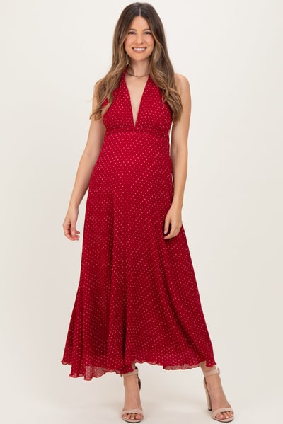 PinkBlush Red Polka Dot Halter Tie Open Back Maternity Maxi Dress