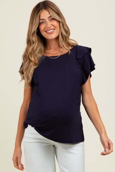 PinkBlush Navy Double Ruffle Sleeve Maternity T-Shirt