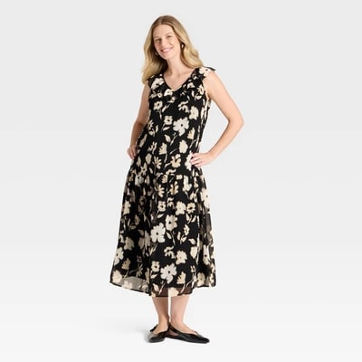 Target Flutter Short Sleeve Drop Waist Maxi Maternity Dress - Isabel Maternity by Ingrid & Isabel™ Black/Cream Floral M
