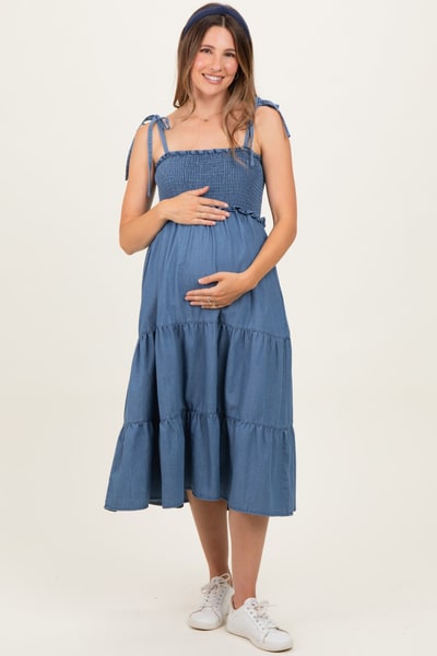 PinkBlush Blue Vintage Wash Denim Smocked Maternity Dress
