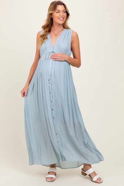 PinkBlush Light Blue Deep V-Neck Sleeveless Button Down Maternity Maxi Dress