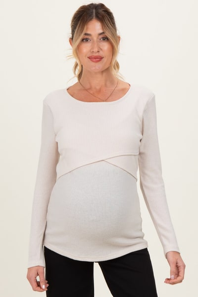 PinkBlush Cream Ribbed Crossover Maternity/Nursing Top