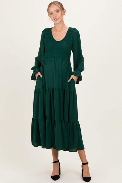 PinkBlush Forest Green Smocked Tiered Long Sleeve Maternity Maxi Dress