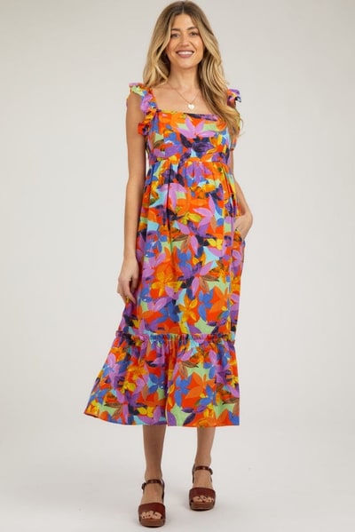 PinkBlush Orange Floral Satin Square Neck Ruffle Strap Maternity Midi Dress