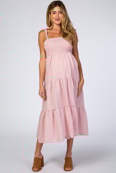 PinkBlush Pink Checkered Tiered Maternity Midi Dress