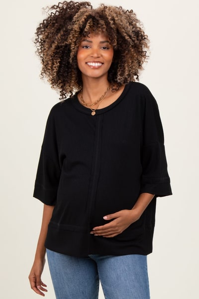 PinkBlush Black Ribbed Boxy Fit Short Sleeve Maternity Top