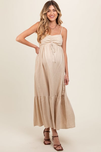 PinkBlush Beige Linen Front Cinch Maternity Midi Dress