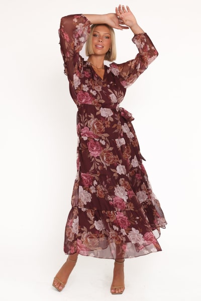 Petal & Pup Korina Long Sleeve Maxi Dress - Burgundy Brandy Bloom