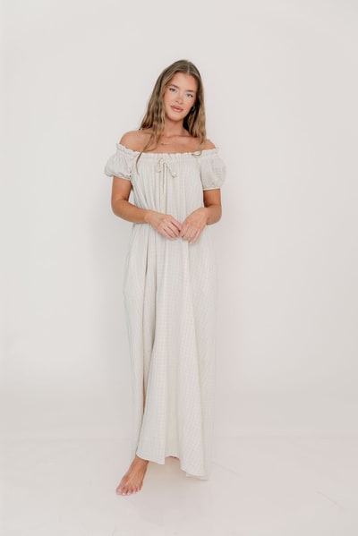 Worth Collective Ensley 100% Cotton Maxi Dress in Pale Pink Plaid - Bump Friendly