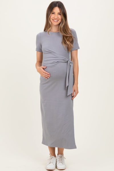 PinkBlush Grey Short Sleeve Waist Tie Side Slit Maternity Maxi Dress