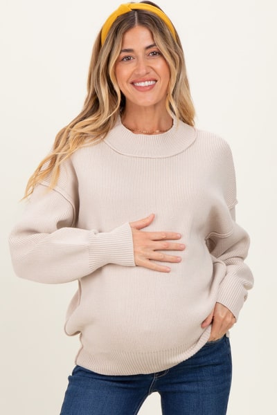PinkBlush Beige Wide Neck Drop Shoulder Maternity Sweater