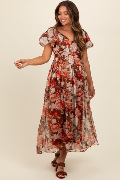 PinkBlush Rust Floral Puff Sleeve Maternity Maxi Dress