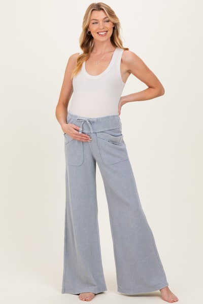 PinkBlush Dusty Blue Mineral Wash Waffle Knit Wide Leg Maternity Pants