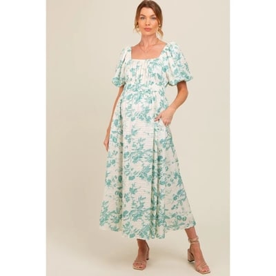 Target PinkBlush Teal Floral Puff Sleeve Maternity Midi Dress Teal Medium