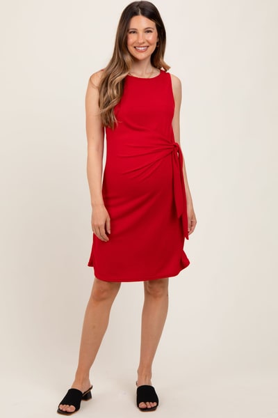 PinkBlush Red Boat Neck Sleeveless Side Tie Maternity Mini Dress