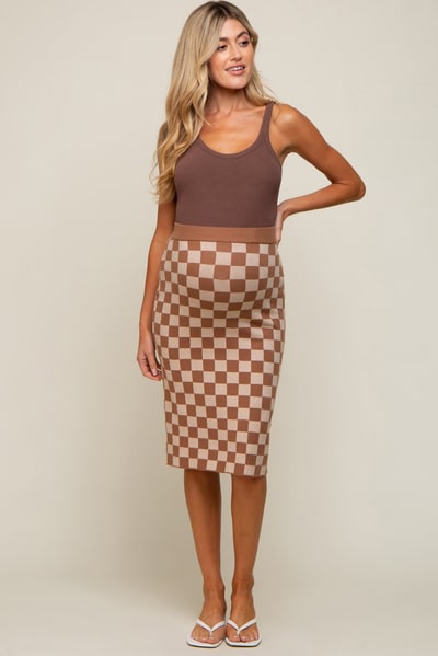 PinkBlush Beige Checkered Knit Maternity Skirt