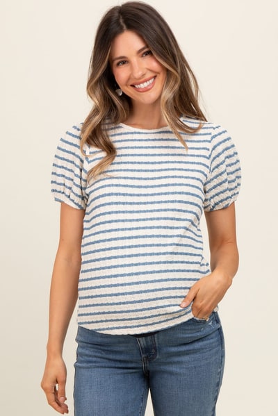 PinkBlush Light Blue Striped Textured Puff Sleeve Maternity Top