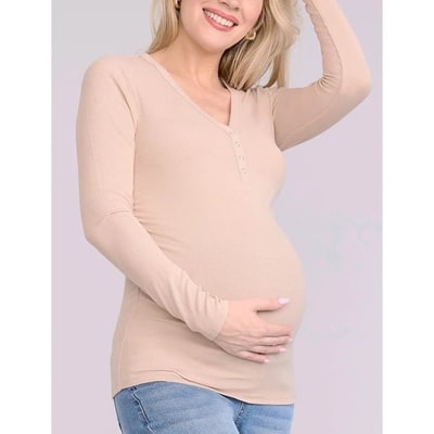 Target Women's V-Neck Side-Ruched Long Sleeve Henley Maternity Tee - Moonlight - Size: Large - Motherhood Maternity