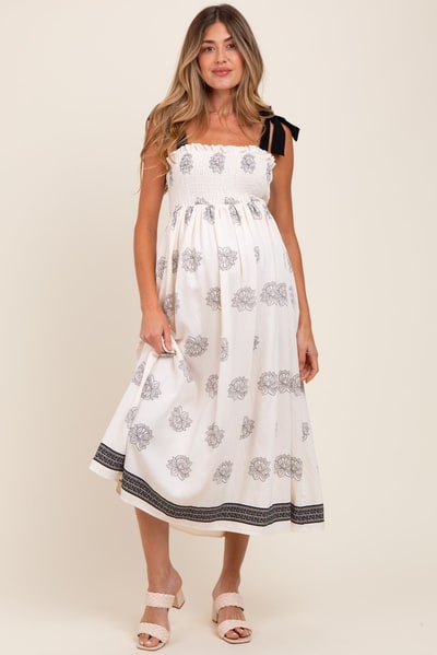PinkBlush Cream/Black Vintage Floral Border Printed Smocked Top Sleeveless Maternity Maxi Dress