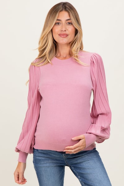 PinkBlush Pink Ribbed Bubble Sleeve Maternity Knit Top