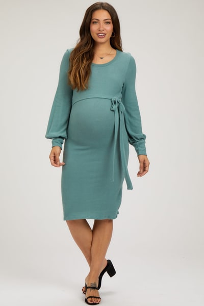 PinkBlush Green Soft Brushed Waist Tie Bubble Sleeve Maternity Dress