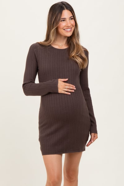 PinkBlush Brown Ribbed Long Sleeve Maternity Short Dress