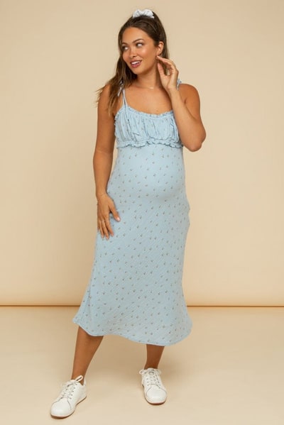 PinkBlush Light Blue Cherry Print Shoulder Tie Maternity Midi Dress