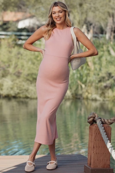PinkBlush Peony Knit Open Tie Back Sleeveless Maternity Midi Dress