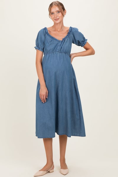 PinkBlush Blue Chambray Ruffle Neckline Maternity Midi Dress