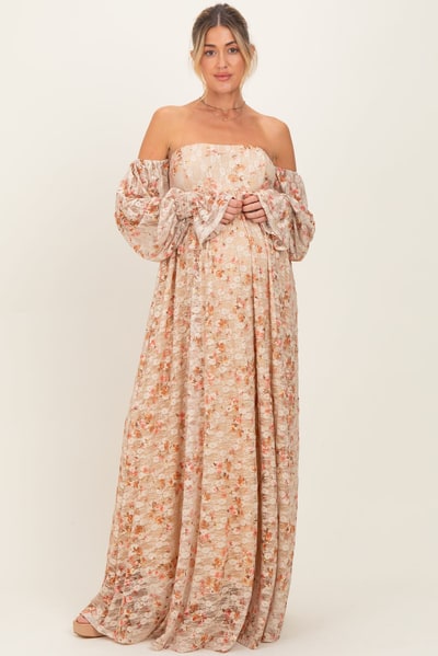 PinkBlush Multi Color Floral Lace Smocked Long Sleeve Off Shoulder Maternity Maxi Dress
