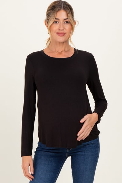 PinkBlush Black Flowy Round Hem Maternity Long Sleeve Top