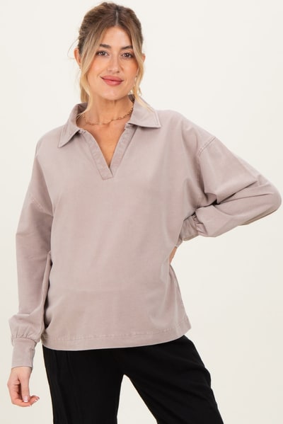 PinkBlush Taupe Sunfade Cotton Collared Long Sleeve Maternity Top