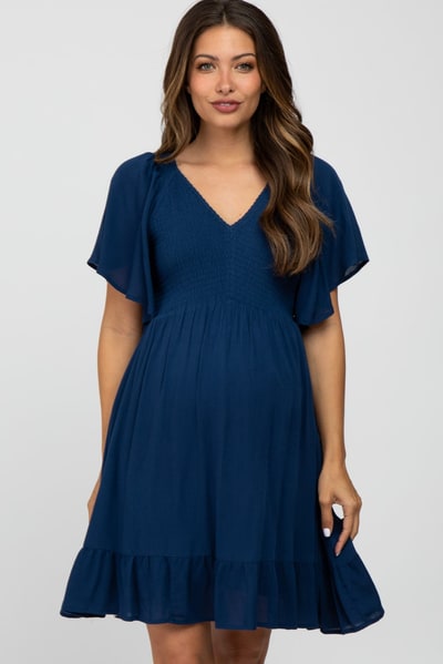 PinkBlush Navy Blue Smocked Front Ruffle Hem Maternity Dress