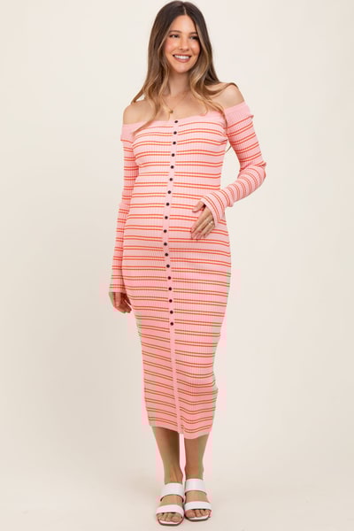 PinkBlush Peach Striped Ribbed Button Accent Off Shoulder Maternity Dress