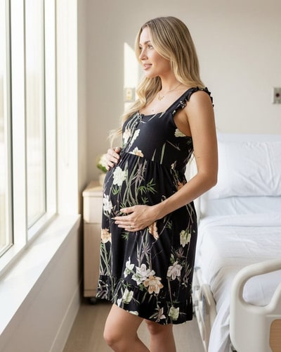 Angel Maternity Grace Hospital Birthing Gown/Nightie- Black Print